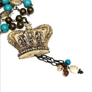 Shabby Chic Royal Crown Pendant Necklace 28" Chain + 5" Dangle Blue Cream Bronze